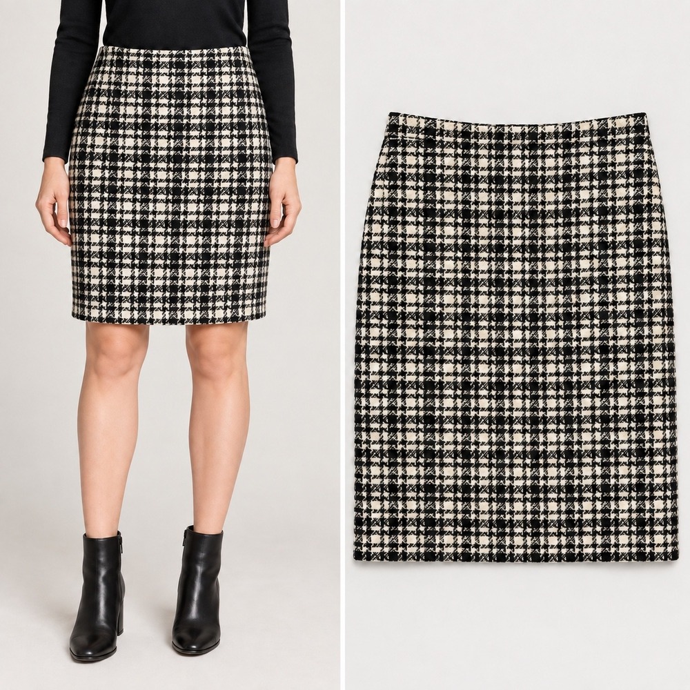 Eddie Bauer Skirt Women's 4 Black Cream Houndstooth‎ Wool Blend Pencil Academia